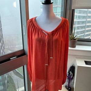 Escada breezy orange silk tie neck chiffon top with elastic cuffs, size 42.